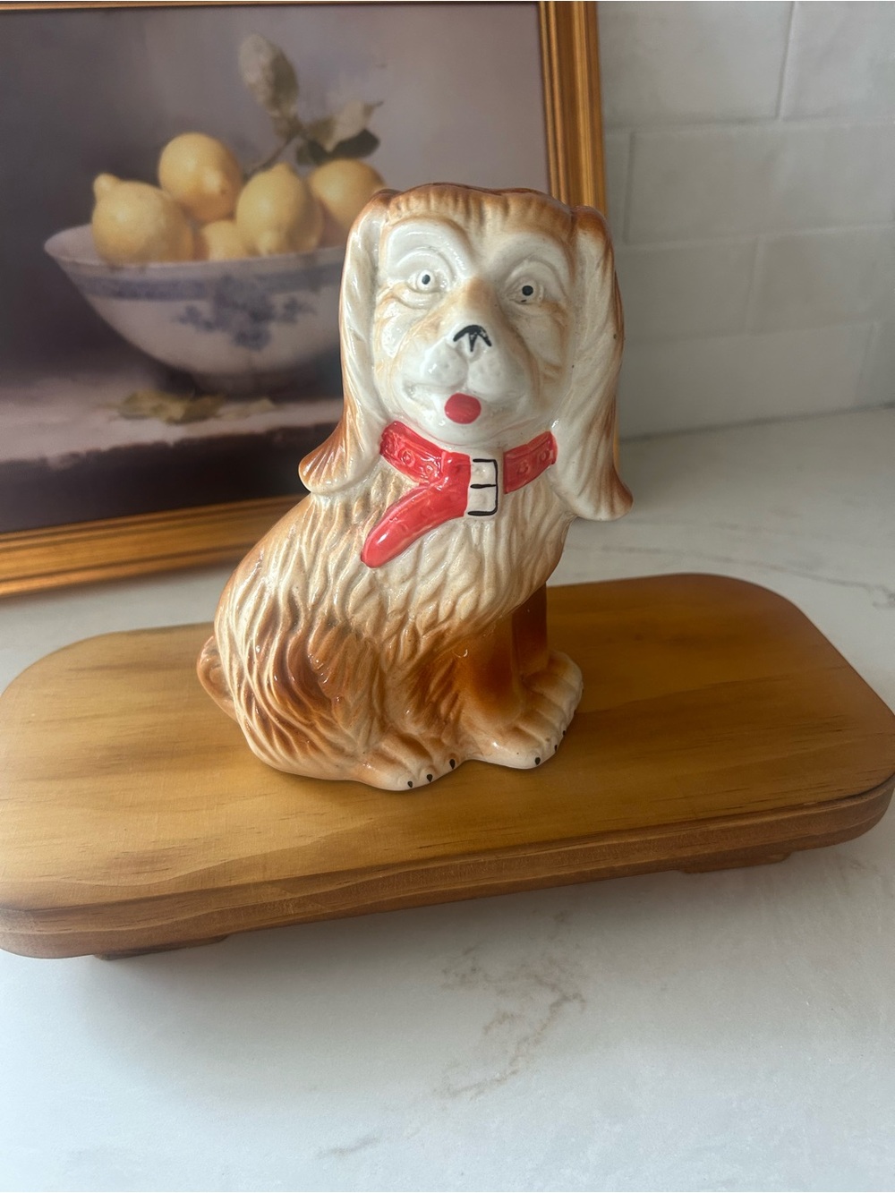 Vintage Ceramic Dog Figurine Spaniel Red Collar Kitsch Cottage Decor